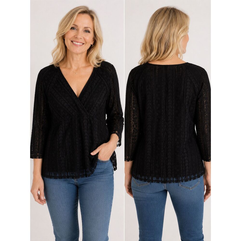 J.Jill Size M Black Lace V Neck Lined Stretch Top 3/4 Sleeve Romantic #V